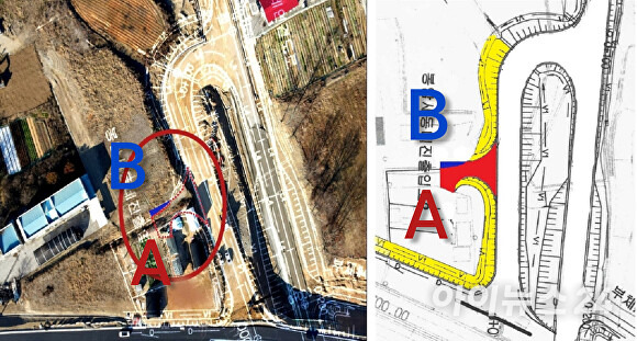 세종시 봉암리 입체교차로의 램프구간에 난 폭 6m 진출입도로(빨간색 부분)에 수용된 맹지인 B씨 땅은 3평(파란색)이다.[그림=지승곤 기자]