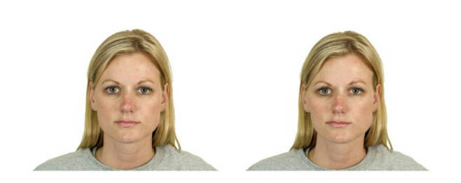 왼쪽부터 실험에 사용된 자연스러운 얼굴, 인위적으로 조작된 비대칭 얼굴. /사진제공=Journal of Psychopharmacology