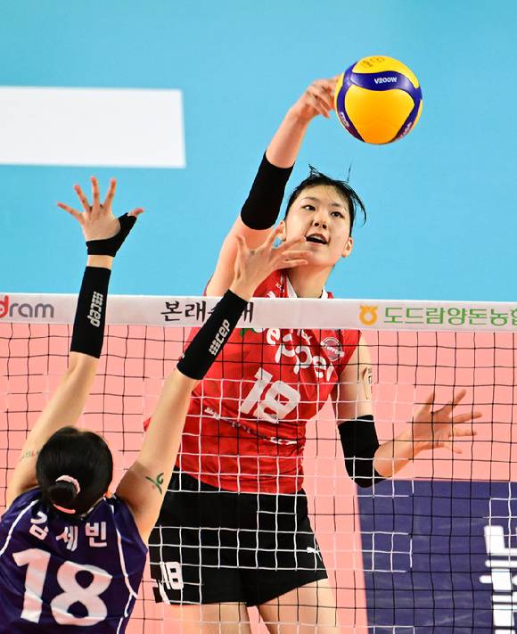 페퍼저축은행 미들 블로커 염어르헝이 지난 11월 15일 열린 한국도로공사와 원정 경기 도중 속공을 시도하고 있다. [사진=한국배구연맹(KOVO)]