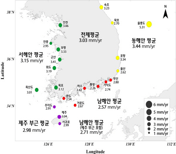 ▲ 최근 34년간 해수면 상승 분포도. 국립해양조사원 제공