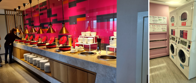 (좌) 알로프트 타이베이 베이터우 내부 뷔페 / (우) 알로프트 타이베이 베이터우 셀프 빨래방 / 사진=김혜성 여행+ 기자