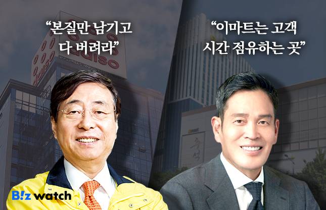 (좌) 다이소 박정부 회장, (우) 신세계 정용진 부회장 / 그래픽=비즈워치