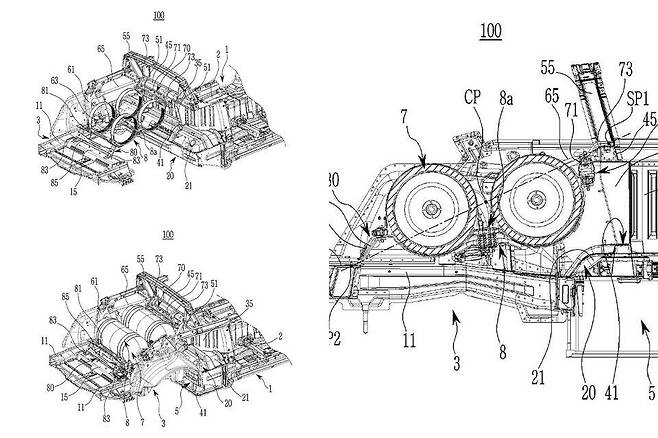 현대차의 '객실 뒤쪽에 수소 저장 탱크를 병렬 구성으로 통합한 차체 구조' 특허 개념도. /미국 특허청 제공