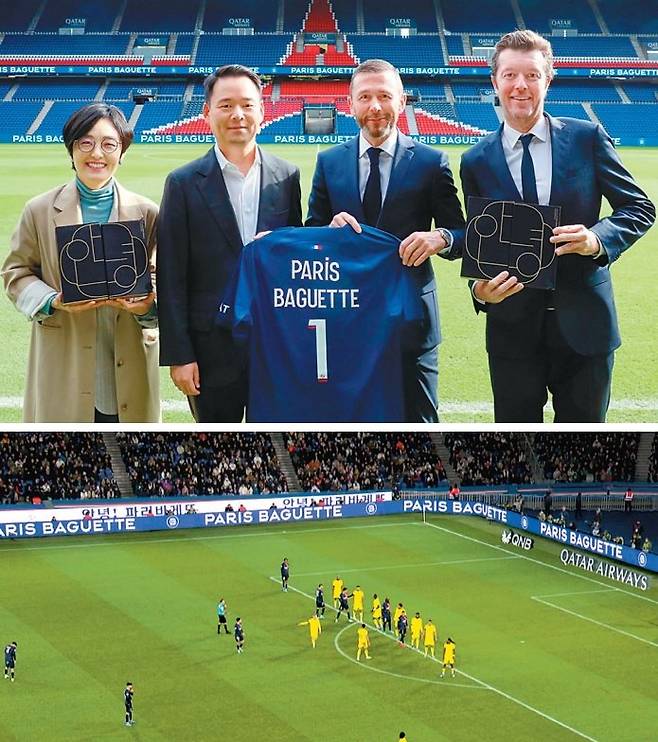 SPC 파리바게뜨가 프랑스 축구 구단 파리 생제르맹(PSG)과 공식 파트너십을 맺고, 글로벌 스포츠 마케팅에 적극 나서고 있다. 
공식 파트너십 체결식에서 ‘안녕샌드’와 함께 기념 촬영을 하고 있는 김연정 파리바게뜨 마케팅본부장, 허진수 SPC 사장, 마크 
암스트롱 PSG CRO, 세바스티앙 와셀 PSG 아시아태평양 상무(위 사진 왼쪽부터), PSG 홈 경기에서 선보인 ‘안녕! 
파리바게뜨’ LED 광고. 사진제공｜SPC