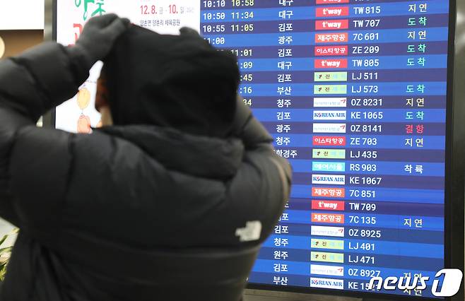 전국 곳곳에 폭설과 한파가 닥친 21일 오전 제주국제공항 도착장 전광판에 항공기 결항과 지연 안내가 뜨고 있다. 2023.12.21/뉴스1 ⓒ News1 오현지 기자