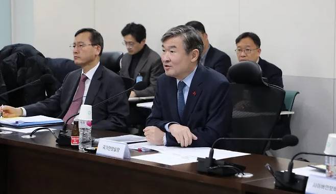 Cho Tae-yong, head of the National Security Council, presides over a meeting to follow up on a government computer network failure incident and strengthen cyber threat preparedness at the presidential office in Yongsan on Tuesday. Courtesy of the Office of the President