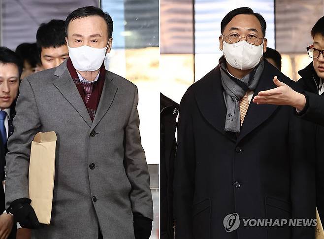 '백현동 수사무마 금품수수 의혹' 임정혁-곽정기, 영장심사 출석 (서울=연합뉴스) 윤동진 기자 = '백현동 수사무마 금품수수 의혹'을 받는 고검장 출신 임정혁 변호사(왼쪽)와 총경 출신 곽정기 변호가 22일 서초구 서울중앙지법에서 열리는 구속 전 피의자 심문(영장심사)을 받기 위해 법정으로 향하고 있다. 2023.12.22 mon@yna.co.kr