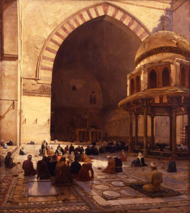 '기도의 시간'. 이슬람 사원 내에서 기도하는 사람들을 그린 작품으로, 파커슨은 현지에서 실력을 인정받은 덕에 사원 안에서도 그림을 그릴 수 있는 특권을 받았다.