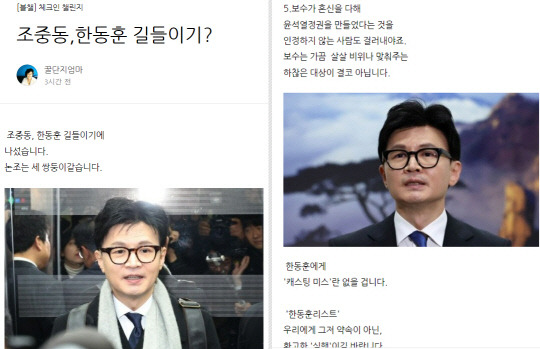 전여옥 전 국회의원은 25일 한동훈 비상대책위원회에서 이준석 전 당대표 탈당 문제를 풀어야한다는 조선일보·중앙일보·동아일보의 논조를 겨냥한 "조중동, 한동훈 길들이기?"란 제목의 글을 자신의 네이버 블로그에 올렸다(왼쪽). 그 전날 게재한 글에선 한동훈 비대위에서 배제해야 할 인물 '한동훈 리스트'의 5번 대상으로 김건희 여사의 '보수 비위' 발언을 시사하기도 했다.<전여옥 전 국회의원 네이버 블로그 갈무리>