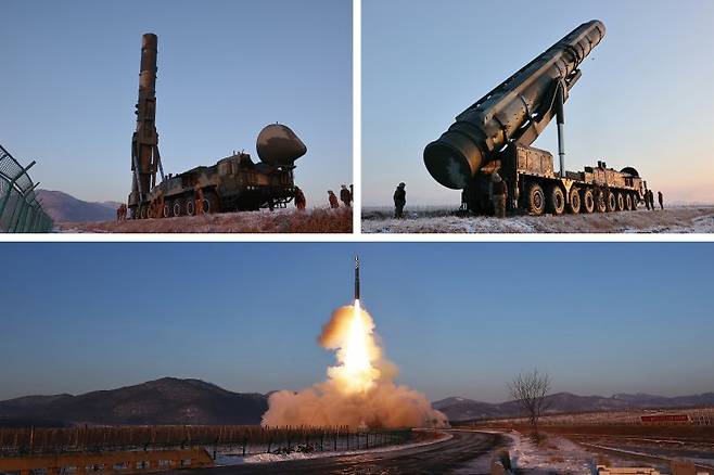 북한이 전날 발사한 장거리탄도미사일이 고체연료 기반의 신형 대륙간탄도미사일(ICBM) '화성-18형'이며 김정은 노동당 총비서가 현지에서 '발사훈련'을 지도했다고 노동당 기관지 노동신문이 19일 보도했다. 신문은 발사된 미사일은 최대정점고도 6518.2㎞를 기록했으며 총 1002.3㎞를 4415초(1시간13분35초) 비행하여 동해 공해상 목표 수역에 정확히 탄착됐다고 주장했다. 사진=노동신문 캡처