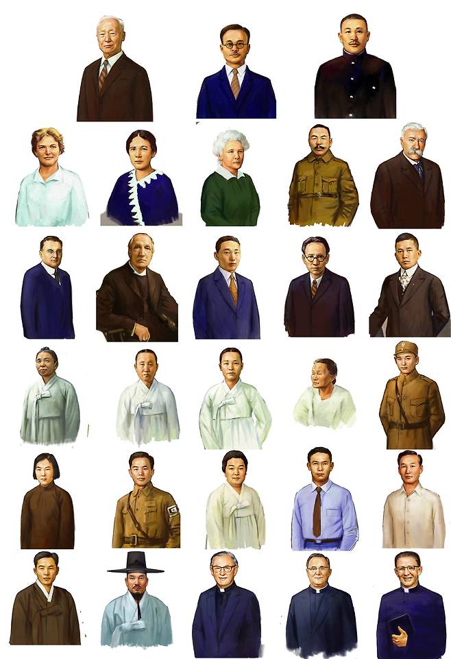 사진 첫번째줄 왼쪽부터 이승만(1월), 김원식·김창환(2월), 데이지 호킹, 마가렛 샌더먼 데이비스, 이사벨라 멘지스(3월), 채찬(5월), 루이 마랭, 프레드릭 에이 맥켄지, 플로이드 윌리엄 톰킨스(6월), 김갑수, 이의경, 황진남(7월), 곽낙원, 이은숙, 임수명, 허은(8월), 박영준, 신순호, 안춘생, 조순옥(9월), 박창운, 임천택(10월), 김영백, 최세윤(11월), 어거스틴 스위니, 토마스 다니엘 라이언, 패트릭 도슨(12월). 국가보훈부가 25일 선정·발표한 이달의 독립운동가 38명 중 28명. 사진 국가보훈부