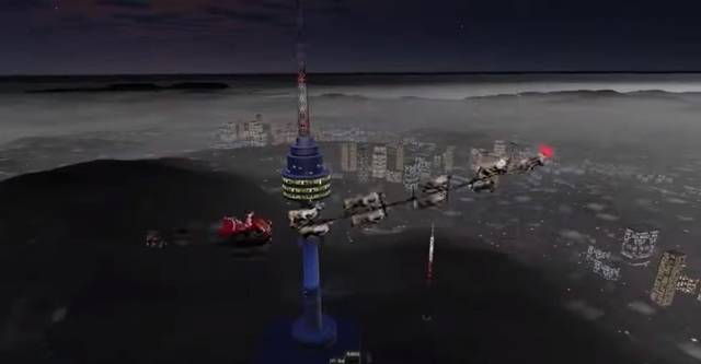 서울 남산타워 일대 상공을 날아가는 산타의 모습. NORAD 웹사이트