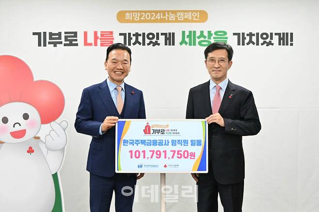 주택금융공사는 부산 동구에 위치한 사회복지공동모금회에서 ‘연말 이웃돕기 성금’ 전달식을 26일 가졌다. 최준우 주택금융공사 사장(오른쪽)과 최금식 부산사회복지공동모금회 회장(왼쪽)이 기념촬영을 하고 있다.(사진=한국주택금융공사)