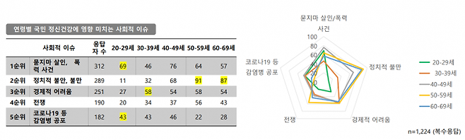 20대는 묻지마 흉기 난동, 30대는 경기침체, 50~60대는 정치 이슈로 큰 스트레스를 받는 것으로 나타났다(자료=유현재 서강대학교 신문방송학과 교수)