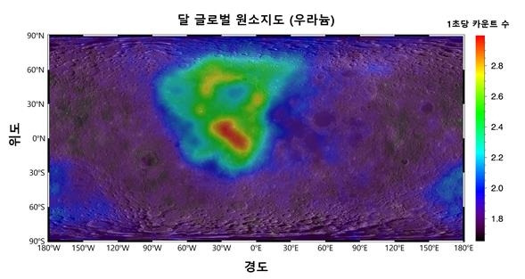 다누리 감마선분광기의 관측자료로 작성한 우라늄 원소 지도 초안[과학기술정보통신부 제공]