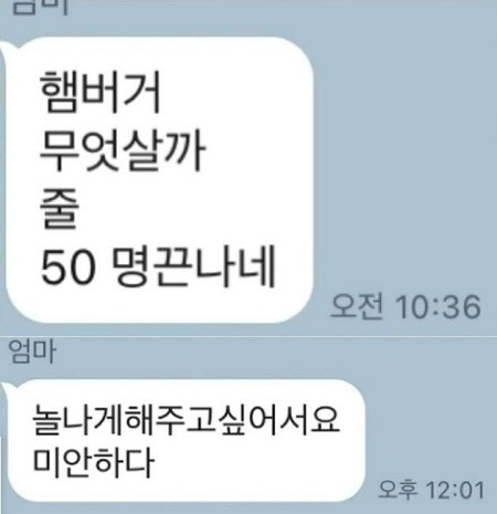 70대 노모가 버거를 사러 갔다가 딸에게 보낸 메시지. 온라인 커뮤니티 캡처