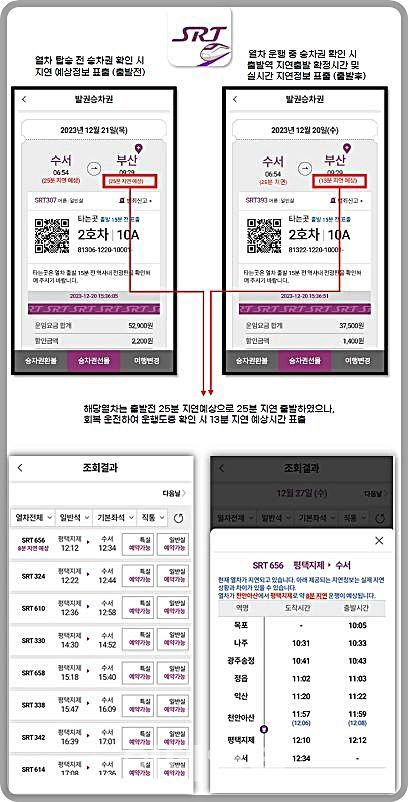 SRT앱 승차권 지연정보 표출 관련 예시. (자료=SR)