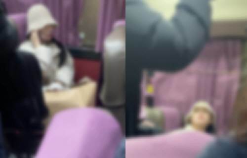 짐을 광역버스 좌석에 내려놓고 비켜주지 않는 여성. 온라인커뮤니티 보배드림 영상 캡처