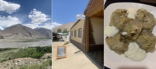 비포장길이지만 풍경이 피로를 씻어준다. 점심을 먹기 위해 들른 이쉬카심 마을 식당과 우리나라 만두처럼 생긴 타지키스탄의 전통요리 ‘만띠’.