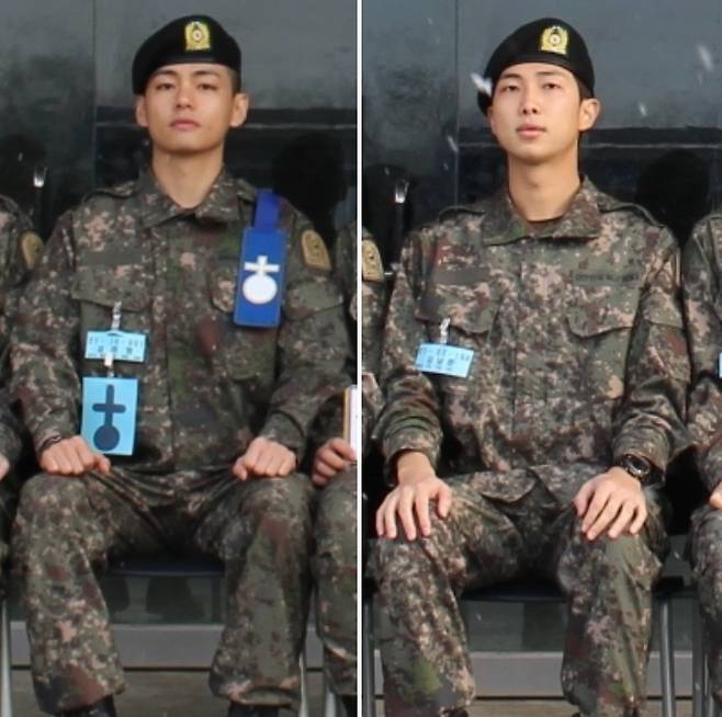 그룹 '방탄소년단'(BTS) 뷔와 RM의 육군훈련소 사진이 28일 공개됐다. /사진=뉴시스, 육군훈련소 제공