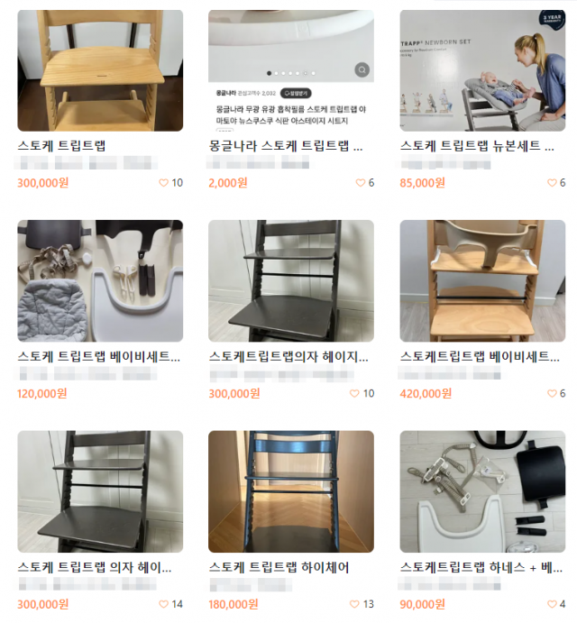 중고 거래 플랫폼에서도 스토케 트립트랩은 자주 사고 파는 상품 중 하나다. 의자 세트 중고가는 대략 20만~40만원대에 형성된 것으로 보인다. 당근 캡처