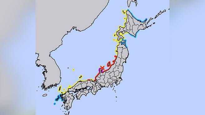 일본 북부 연안에 쓰나미 경보(붉은색) [일본 기상청 홈피 캡처]