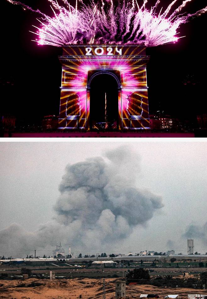 폭죽의 환성, 폭격의 비명…‘두 얼굴’로 다가온 2024 2024년 새해를 기념하기 위한 폭죽이 1일(현지시간) 프랑스 수도 파리의 개선문에서 밤하늘을 화려하게 수놓고 있다(위 사진). 전날인 지난달 31일 팔레스타인 가자지구 남부 라파 상공에 이스라엘군의 폭격에 따른 연기가 피어오르고 있다. 로이터AFP연합뉴스