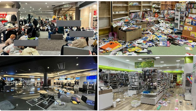 한 누리꾼이 일본 쇼핑몰 이온에서 대피 중이라며 올린 사진. 지진으로 물건들이 진열대에서 바닥으로 쏟아진 모습이다./사진=엑스