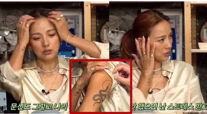 타투는 몸에 영원히 남는 것이기 때문에 신중하게 생각해야 한다. 이효리는 문신을 후회하지 않는다 밝혔지만 많은 사람들이 타투 후에 후회를 한다는 설문조사가 있다. [사진=이효리 타투/ 유튜브채널 '짠한형'캡처]