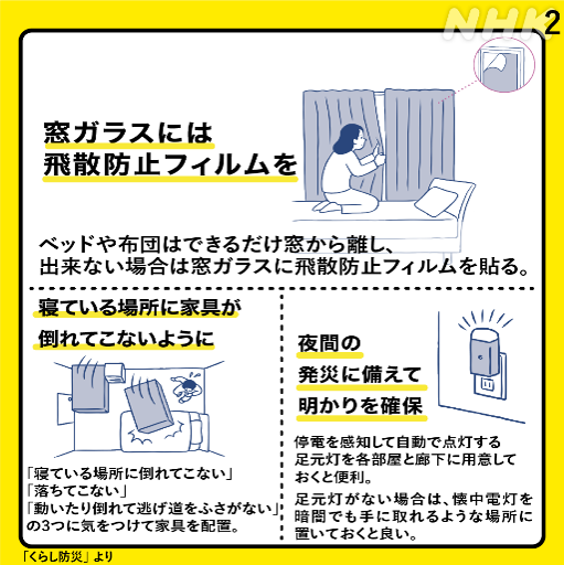 일몰 후 취침 시간을 고려, NHK가 저녁 시간대에 배포한 가이드라인. 침대 주변 창문 유리에는 필름을 붙여 깨지는 것을 막고, 넘어질 수 있는 가구를 떨어뜨려 두며, 야간에 지진이 발생할 경우를 대비해 조명 등을 켜둘 것을 당부했다. (사진출처=NHK)