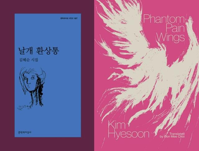 김혜순 시인이 등단 40주년이던 2019년 펴낸 시집 ‘날개 환상통’(왼쪽 사진)과 이를 영문으로 번역해 미국에서 출판한 ‘Phantom Pain Wings’의 표지. 문학과지성사 제공