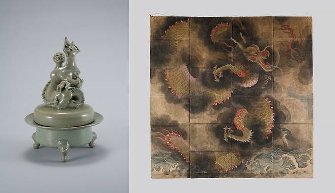 용이 뚜껑을 장식하고 있는 고려 청자인 ‘청자 용모양 향로’(왼쪽)와 조선시대(19세기)의 그림 ‘용’. 국립중앙박물관 제공