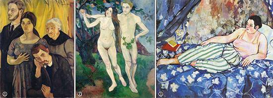 (1)가족과 함께 있는 자화상, 1912년, 각자의 시선을 가진 인물 속에서도 발라동만이 화면을 직시하고 있다.  (2)아담과 이브, 캔버스에 유채, 162×131㎝, 1909년, 21살 연하의 연인 우터와 자신을 아담과 이브로 표현했다.  (3)푸른 방, 캔버스에 유채, 90×116㎝, 1923년, 대표적 자화상으로 발라동의 진면목이 잘 드러나 있다.