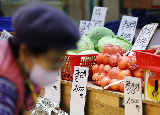 서울 시내 한 전통시장 채소가게에서 시민들이 양파 등 채소를 고르고 있다. /연합뉴스