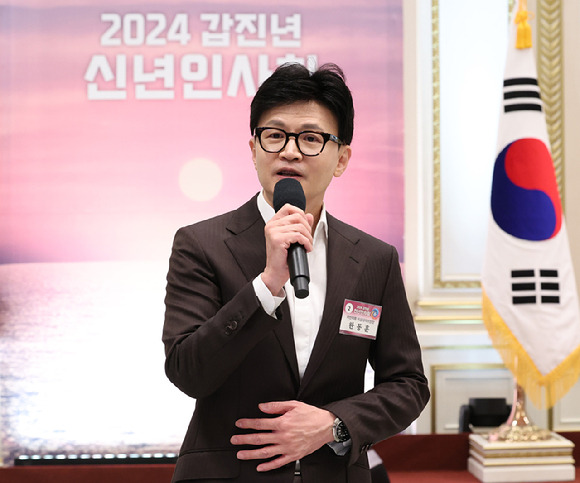 한동훈 국민의힘 비상대책위원장이 3일 청와대 영빈관에서 열린 2024년 신년인사회에서 신년 덕담을 하고 있다. 2024.01.03. [사진=뉴시스]