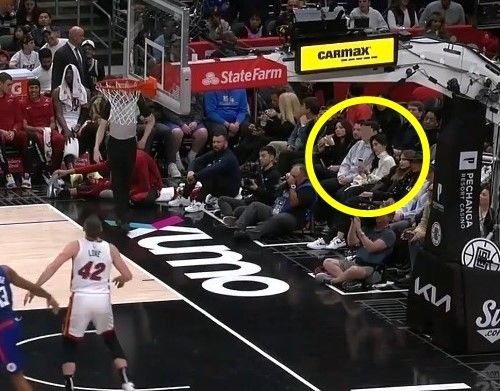 이부진 호텔신라 사장이 아들과 함께 미국 프로농구(NBA) 경기를 보는 모습. 사진 SPOTV 방송 캡처