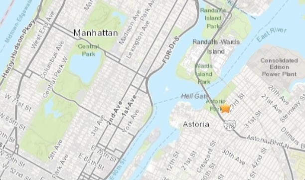 규모 1.7 지진이 발생한 뉴욕시 퀸즈 아스토리아 지역. USGS 홈페이지