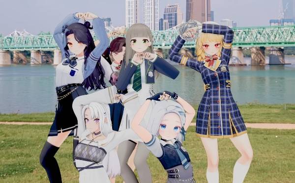 A screenshot of virtual girl group Isegye Idol's music video, "Kidding" (Youtube "Waktaverse")