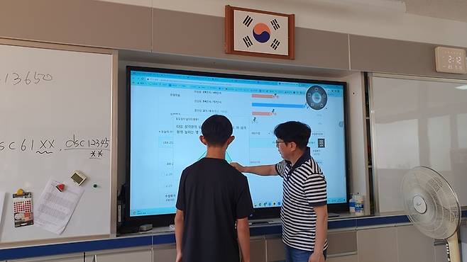 울산 도산초등학교 이명길 교사가 AI 코스웨어를 활용한 수업 중 학생을 지도하고 있다.[도산초 제공]