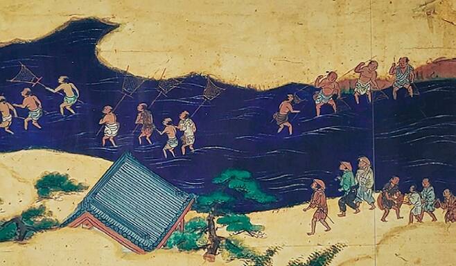 일본 에도시대에 그려진 교토 그림 <낙중낙외도>에 등장하는 가모가와 강 천렵 모습.