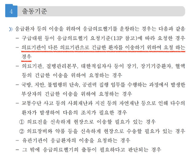 소방청의 범부처 응급의료헬기 공동 운영에 관한 매뉴얼 중 ‘응급환자 등의 이송을 위한 응급의료헬기 출동 기준’. 이 대표는 이 중 ‘의료기관이 다른 의료기관으로 긴급한 환자를 이송하기 위해 요청하는 경우’에 해당했다.