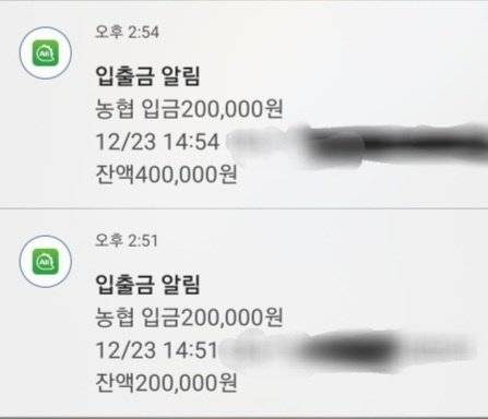 지난달 23일 오후 모르는 이로부터 20만원씩 순차적으로 입금된 60만원 때문에 대학생 안모(24)씨는 전 계좌가 정지되는 '핑돈 통장묶기'를 당했다. 사진 안모씨 제공