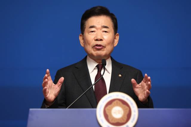 ▲김진표 국회의장이 4일 국회 사랑재에서 신년 기자간담회를 하고 있다. ⓒ연합뉴스