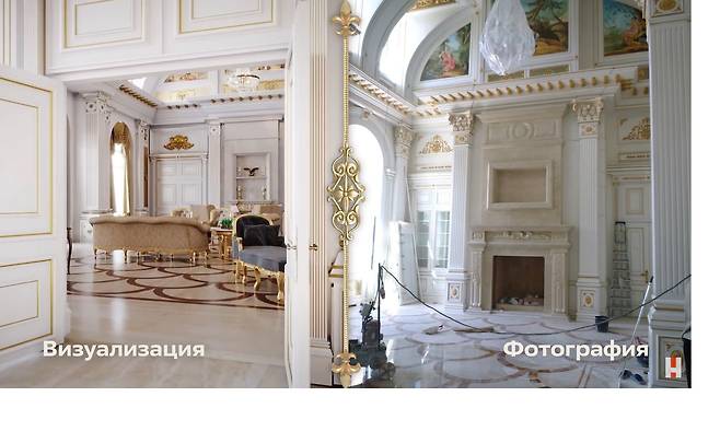 지난 21일(현지 시각) 러시아 푸틴 대통령의 정적 나발니의 동료 게오르기 알부로프가 푸틴 대통령 소유의 초호화 저택 내부 사진을 유튜브에 공개했다. 사진 왼쪽은 지난해 1월 나발니가 체포될 당시 이 저택의 평면도와 상세 비용 내역 등을 토대로 예상했던 모습이며 오른쪽은 나발니 측이 공개한 실제 모습. /나발리 유튜브