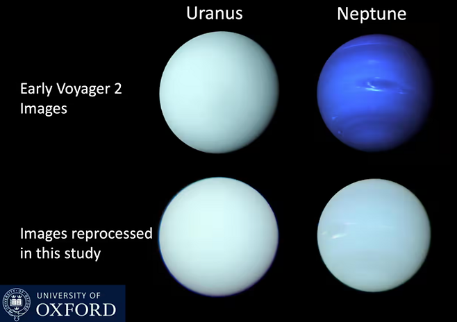 상단은 보이저 2호가 촬영한 천왕성(Uranos)과 해왕성(Neptune) 사진이다. 하단은 실제 색을 구현한 것으로 천왕성과 해왕성 모두 옅은 파란색을 띠고 있다. [사진=영국 옥스퍼드대]