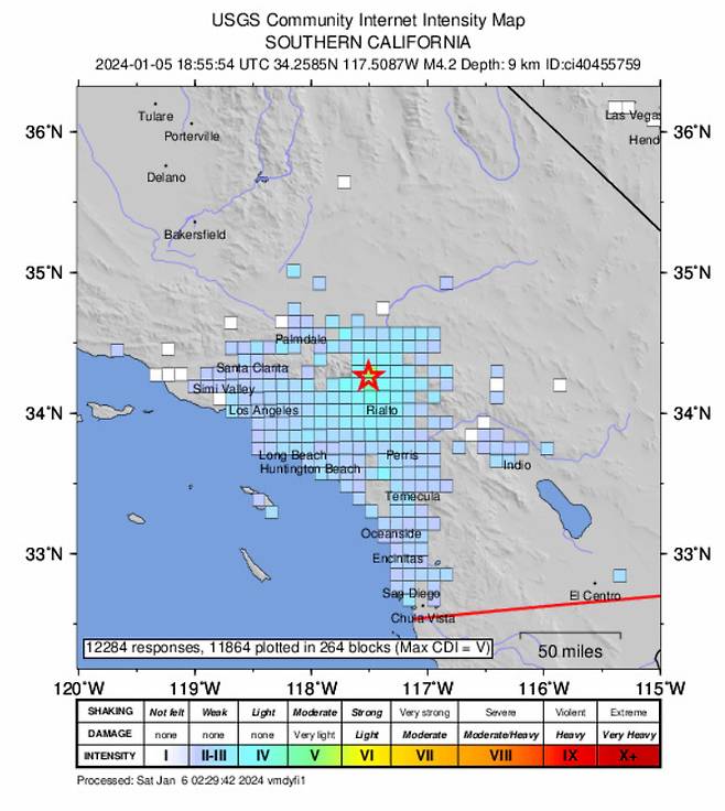 미국 지질조사국(USGS)이 발표한 5일 캘리포니아주 지진 진앙지의 위치(빨간색 별 표시)/사진=USGS