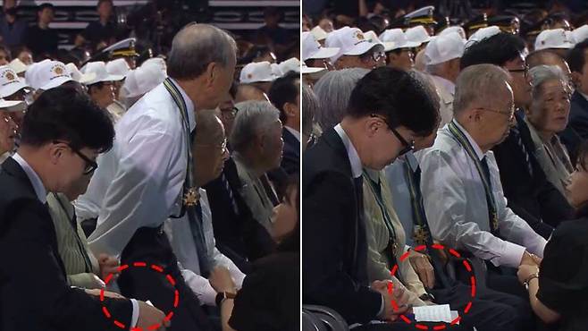 지난 6월 6일 현충일 기념식에서 한동훈 법무부장관에게 쪽지를 건네던 이창건 박사./조선일보db