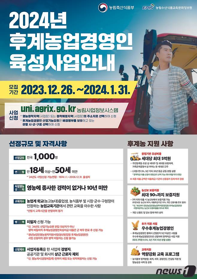 전북 진안군이 오는 31일까지 2024년 후계농업경영인 사업대상자를 모집한다.(진안군제공)2024.1.9/뉴스1