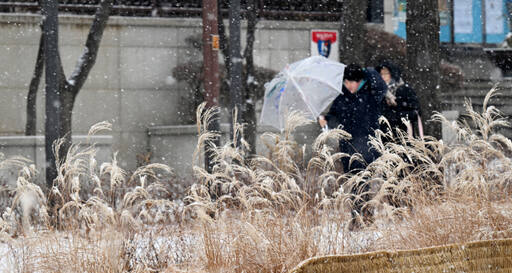 대설주의보가 내려진 9일 인천에서 시민들이 우산을 쓰고 걷고 있다. 조병석기자