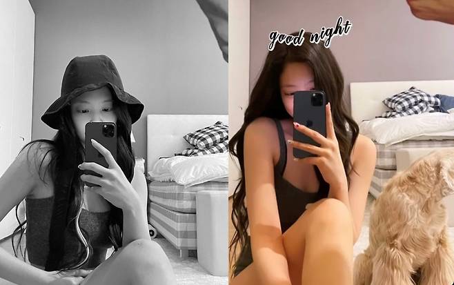블랙핑크 제니가 올린 침실 셀카. 뒤편에 해스텐스 침대가 보이도록 촬영했다. [제니 인스타그램]